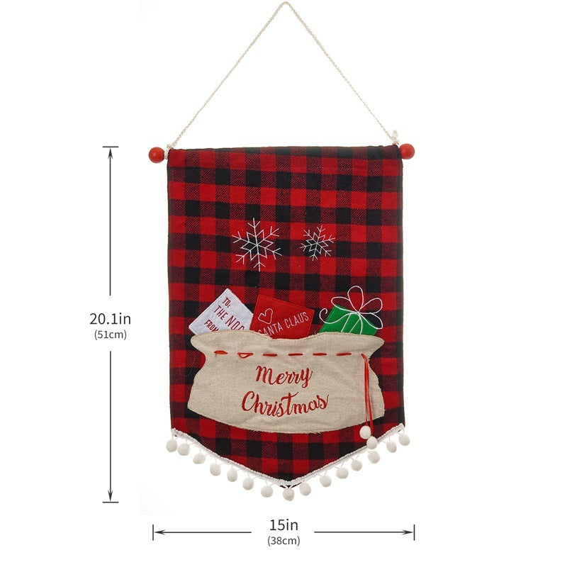 HKM-856659 Christmas Minimalist Ornament Wall Flag in Red and Black Plaid and Festive Designs