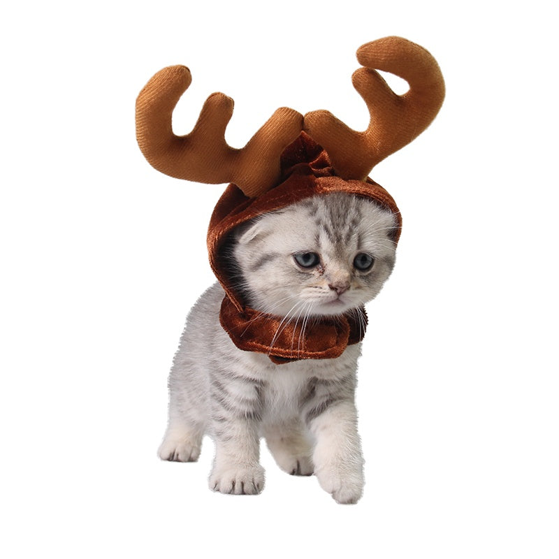 HKM-857043 Christmas Reindeer Hat for Dogs and Cats - Adjustable Velcro Antlers, Comfortable Polyester Design, Brown, One Size Fits All