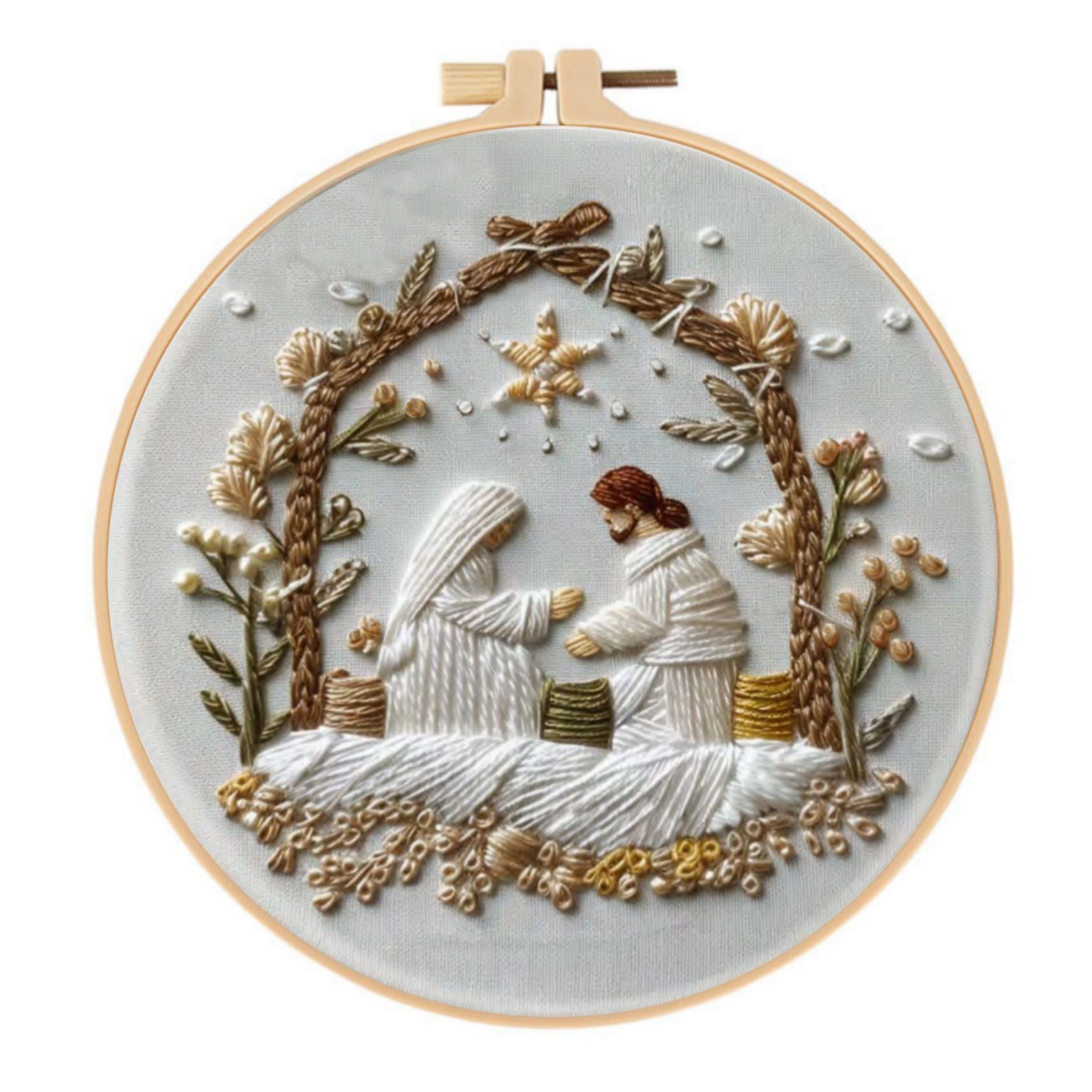 HKM-857363 Modern Christmas White Nativity Embroidery Material Kit with Bamboo Frame, 28x28cm