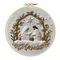 HKM-857363 Modern Christmas White Nativity Embroidery Material Kit with Bamboo Frame, 28x28cm