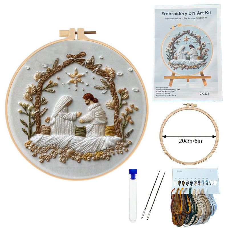 HKM-857363 Modern Christmas White Nativity Embroidery Material Kit with Bamboo Frame, 28x28cm