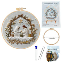 HKM-857363 Modern Christmas White Nativity Embroidery Material Kit with Bamboo Frame, 28x28cm