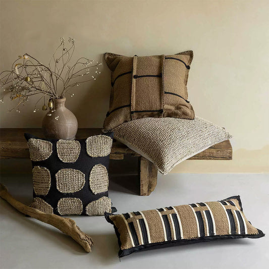 HKM-857491 Luxury Linen Cotton Blend Decorative Pillow Cover - Simple Brown Khaki Cushion Case for Sofa and Chair