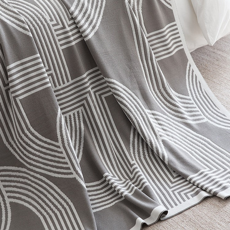 HKM-857683 Khaki and Light Gray Geometric Knitted Blanket, 130x180 cm