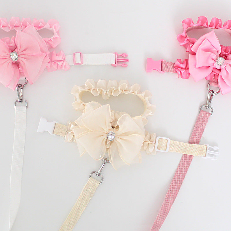 HKM-857875 Fashionable Milk White Dog Leash with Bow Tie Chest Strap - Adjustable Sizes, Polyester Material for Comfort