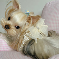HKM-857875 Fashionable Milk White Dog Leash with Bow Tie Chest Strap - Adjustable Sizes, Polyester Material for Comfort