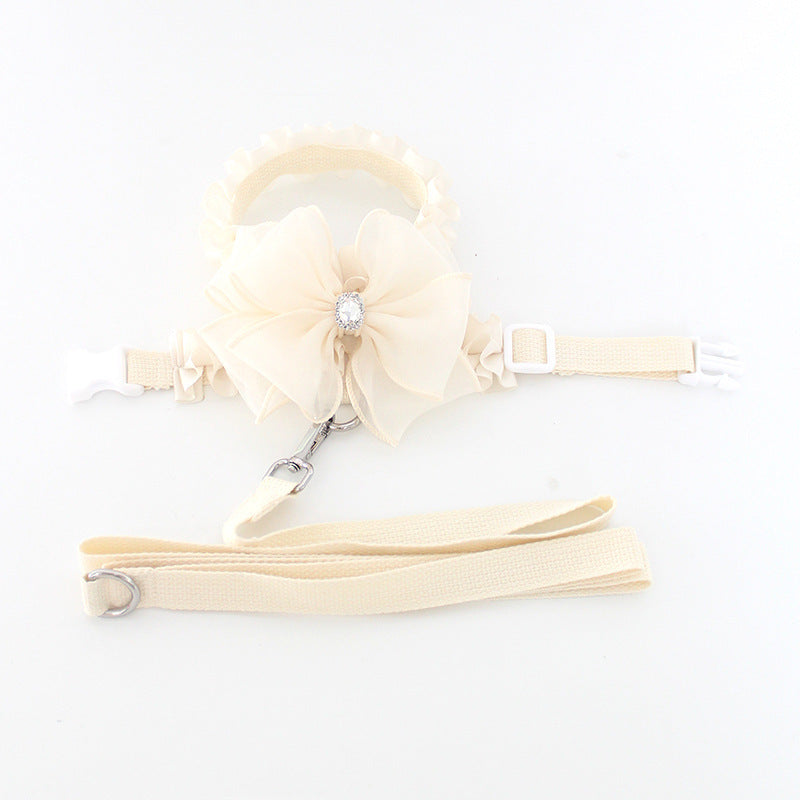 HKM-857875 Fashionable Milk White Dog Leash with Bow Tie Chest Strap - Adjustable Sizes, Polyester Material for Comfort