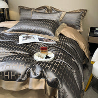 HKM-858515 European Style Blended Silk Cotton Four-Piece Bedding Set in Kerry Gray, Pink, and Yellow - Suitable for 1.5-2m Beds