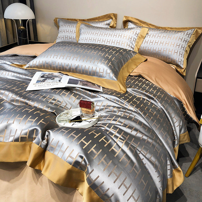 HKM-858515 European Style Blended Silk Cotton Four-Piece Bedding Set in Kerry Gray, Pink, and Yellow - Suitable for 1.5-2m Beds