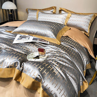 HKM-858515 European Style Blended Silk Cotton Four-Piece Bedding Set in Kerry Gray, Pink, and Yellow - Suitable for 1.5-2m Beds