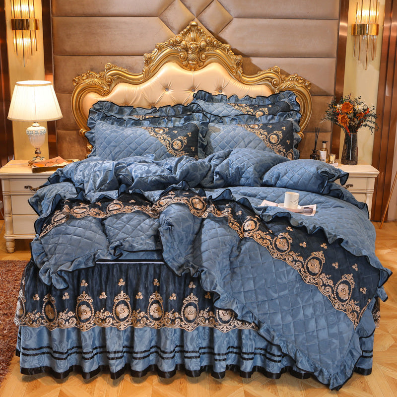 HKM-858835 Thick Velvet Lace Winter Quilted Four-Piece Bedding Set in Various Patterns