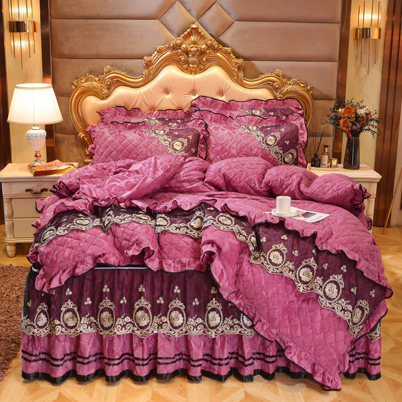 HKM-858835 Thick Velvet Lace Winter Quilted Four-Piece Bedding Set in Various Patterns