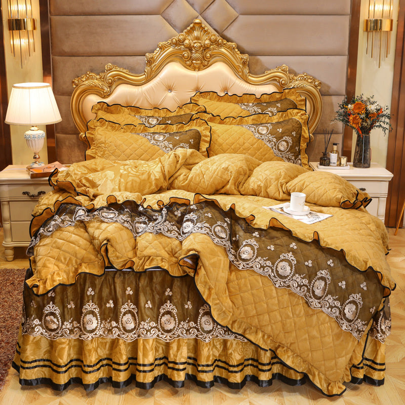 HKM-858835 Thick Velvet Lace Winter Quilted Four-Piece Bedding Set in Various Patterns