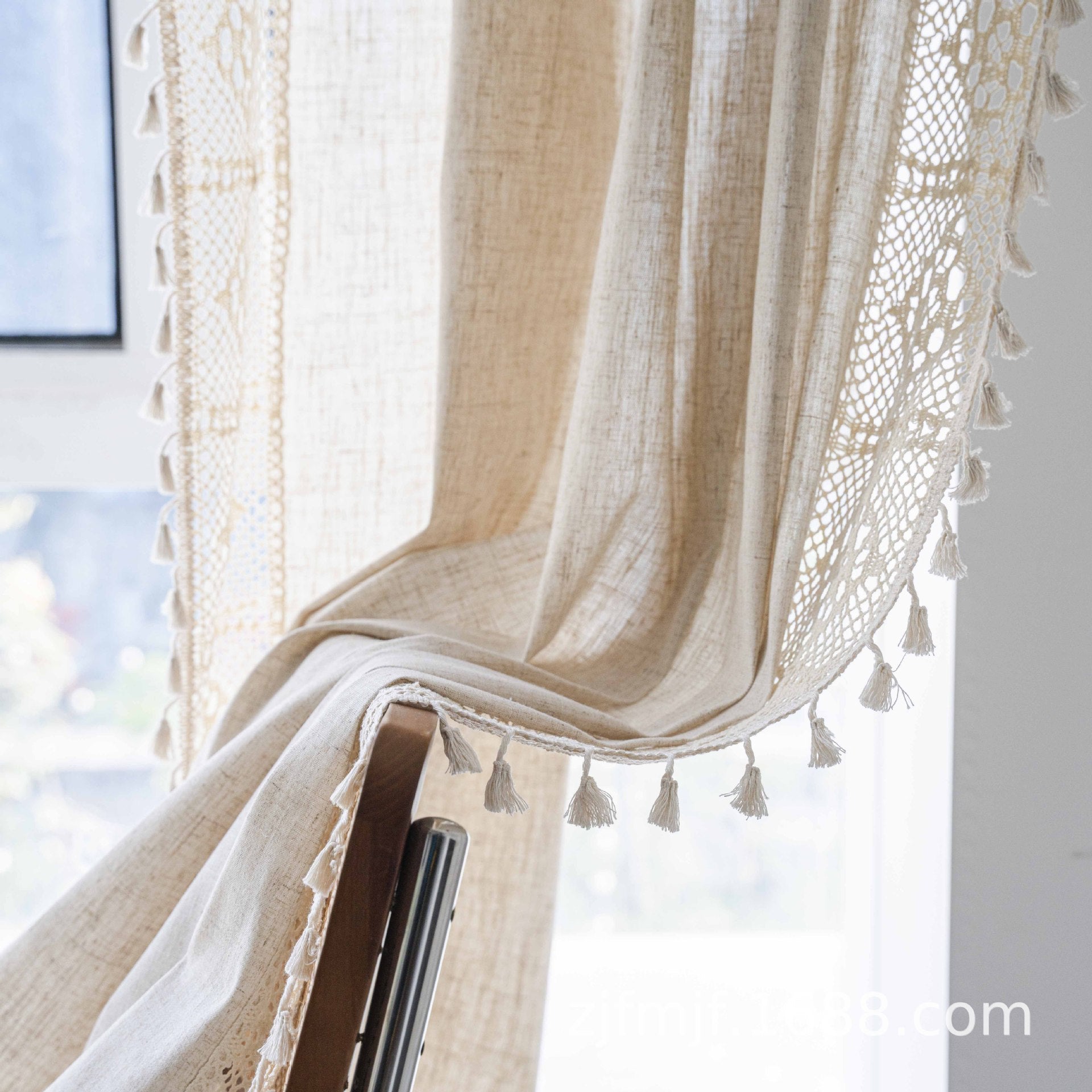 HKM-859219 Short Crochet Partition Curtain with Plaid Stitching - Half Shade Polyester Cotton Decor