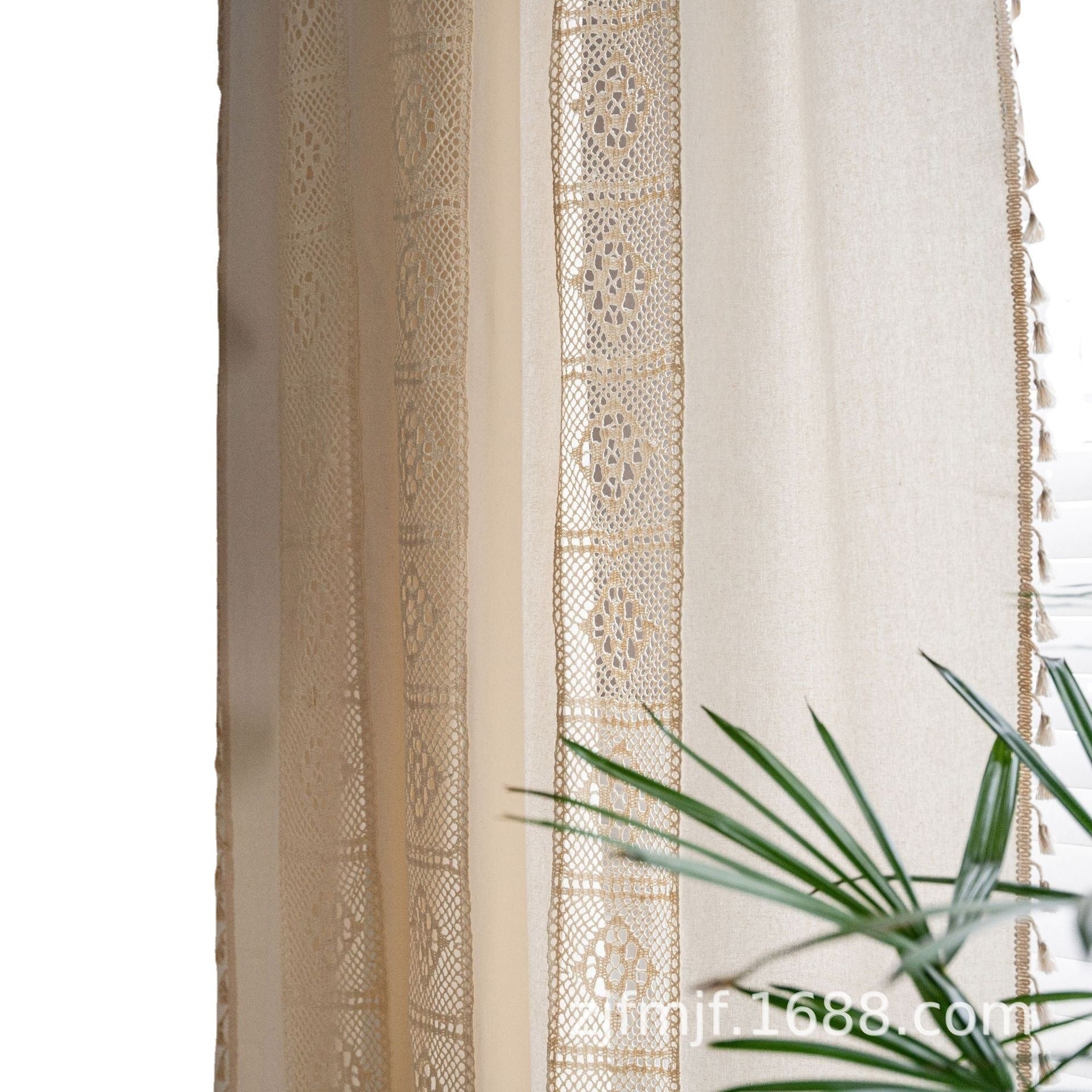 HKM-859219 Short Crochet Partition Curtain with Plaid Stitching - Half Shade Polyester Cotton Decor