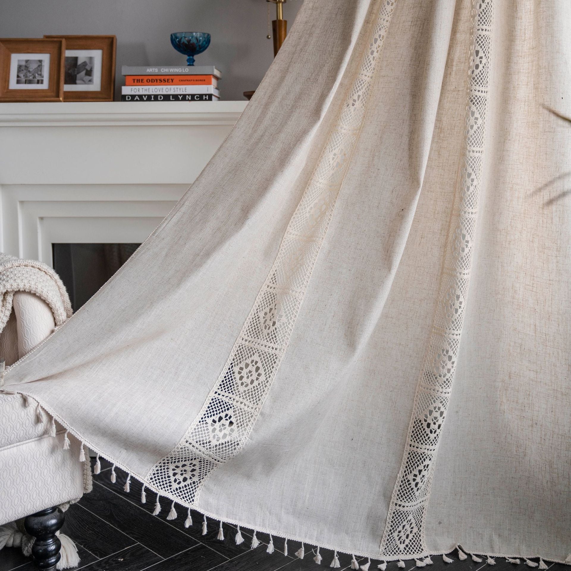 HKM-859219 Short Crochet Partition Curtain with Plaid Stitching - Half Shade Polyester Cotton Decor