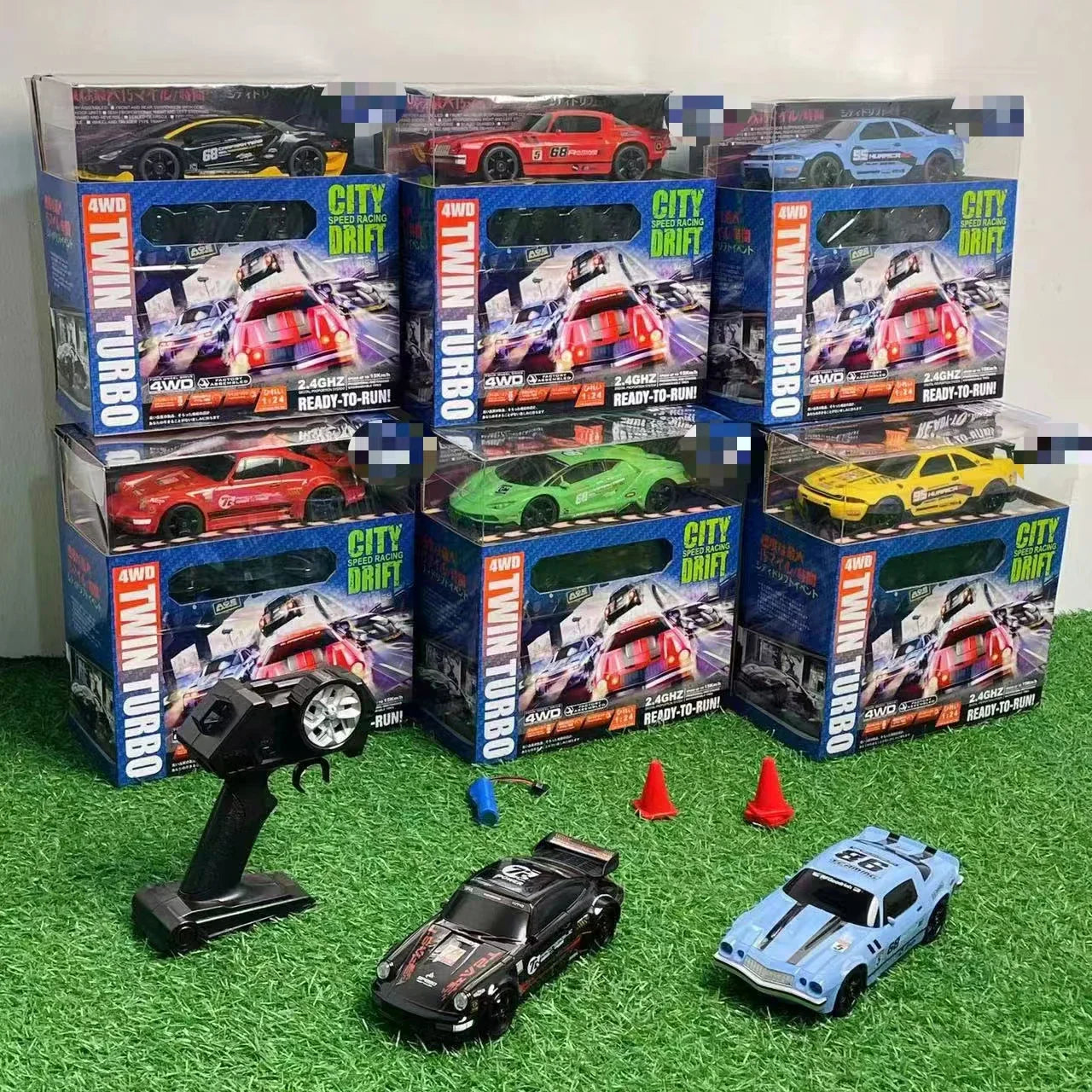 HKM-859667 1/24 Scale Four Wheel Drive Remote Control Drift Racing Car with LED Lights and Replaceable Tires