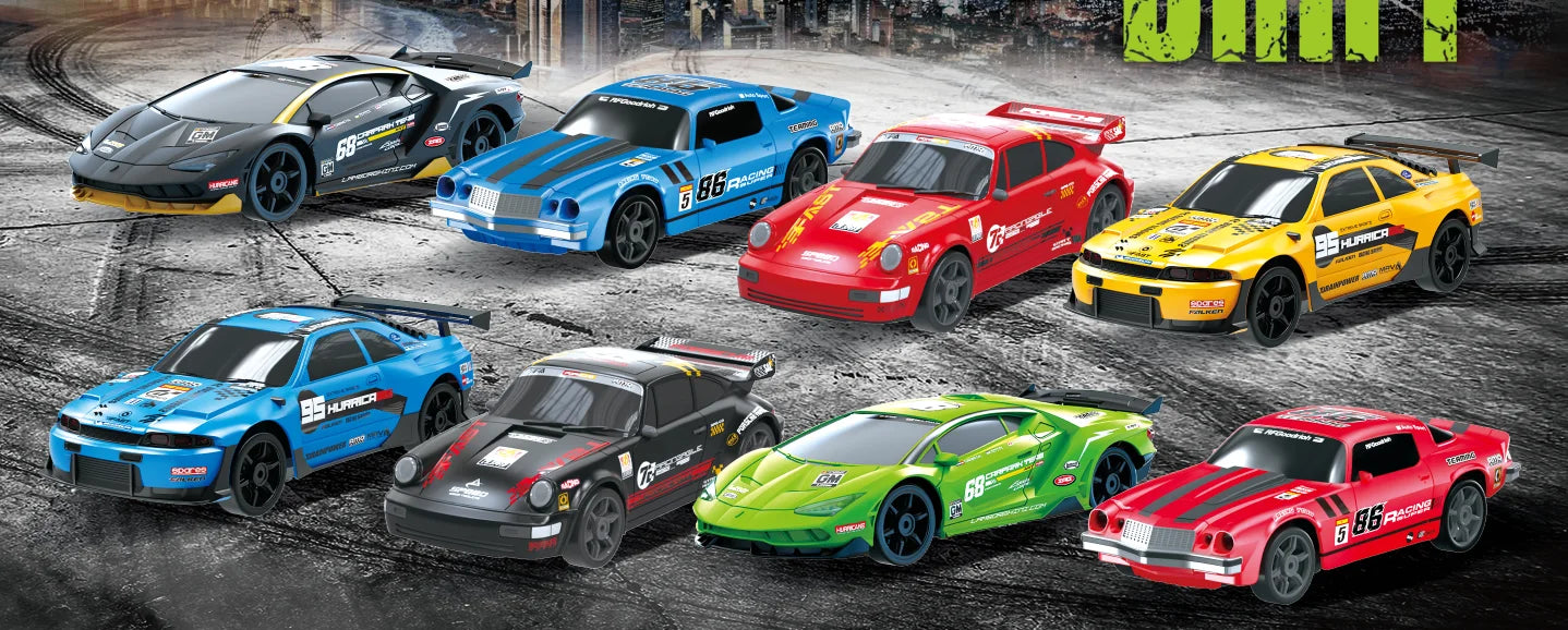 HKM-859667 1/24 Scale Four Wheel Drive Remote Control Drift Racing Car with LED Lights and Replaceable Tires