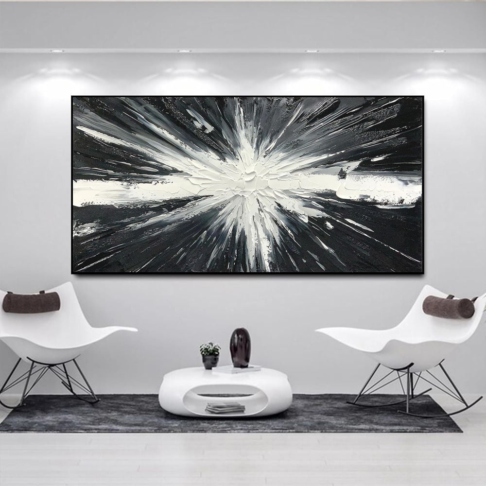 HKM-860755 Handmade Abstract Black and White Oil Painting on Canvas for Living Room Decoration - Unique Modern Wall Art
