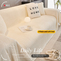 HKM-860819 Thick Plush Velvet Sofa Cover - Herringbone Pattern in Milky White, Milky Yellow, Matcha Green, and Oat Gray