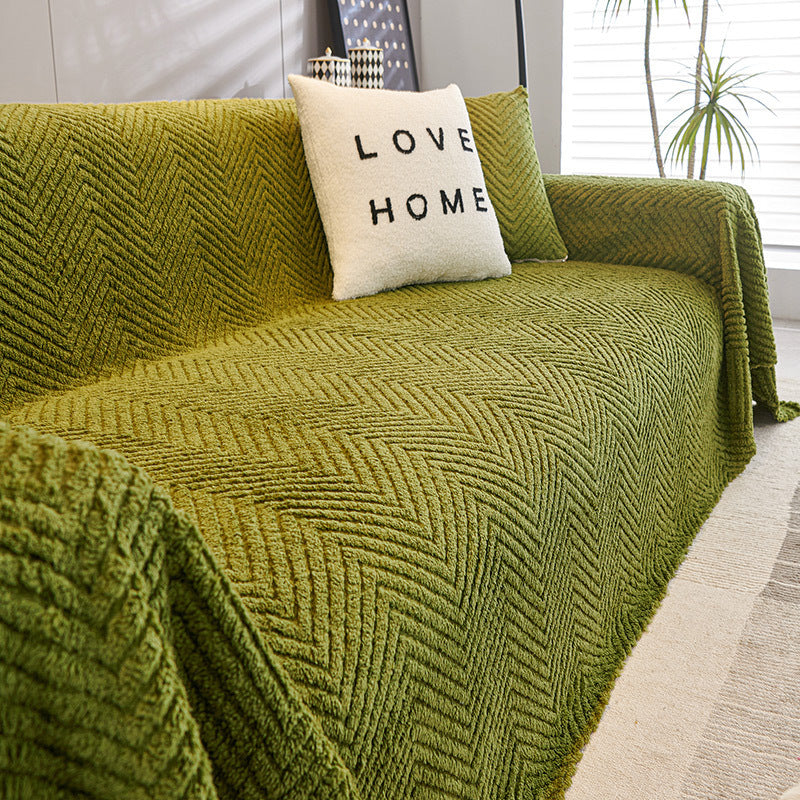 HKM-860819 Thick Plush Velvet Sofa Cover - Herringbone Pattern in Milky White, Milky Yellow, Matcha Green, and Oat Gray
