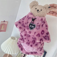 HKM-861395 Plush Warm Cat Hoodie in Pink Leopard Print for Cozy Comfort