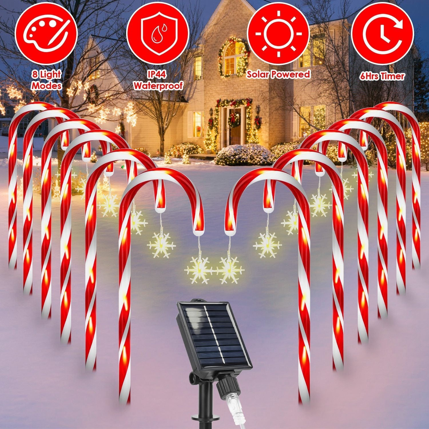 HKM-862099 Solar Candy Cane String Lights with 72 LED Lights, 8 Modes, Timer & IP44 Waterproof for Outdoor Holiday Decorations
