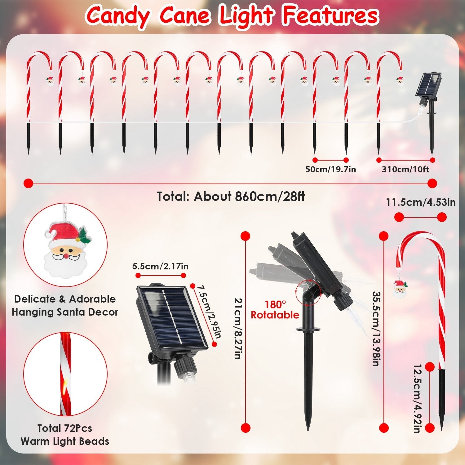 HKM-862099 Solar Candy Cane String Lights with 72 LED Lights, 8 Modes, Timer & IP44 Waterproof for Outdoor Holiday Decorations