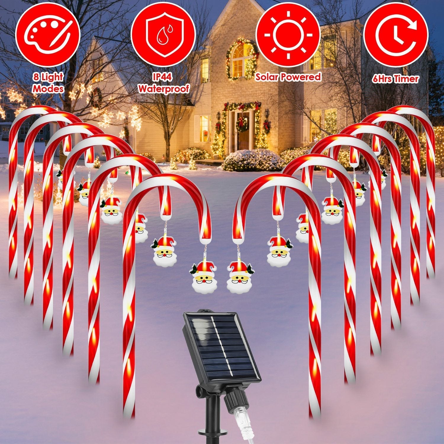 HKM-862099 Solar Candy Cane String Lights with 72 LED Lights, 8 Modes, Timer & IP44 Waterproof for Outdoor Holiday Decorations