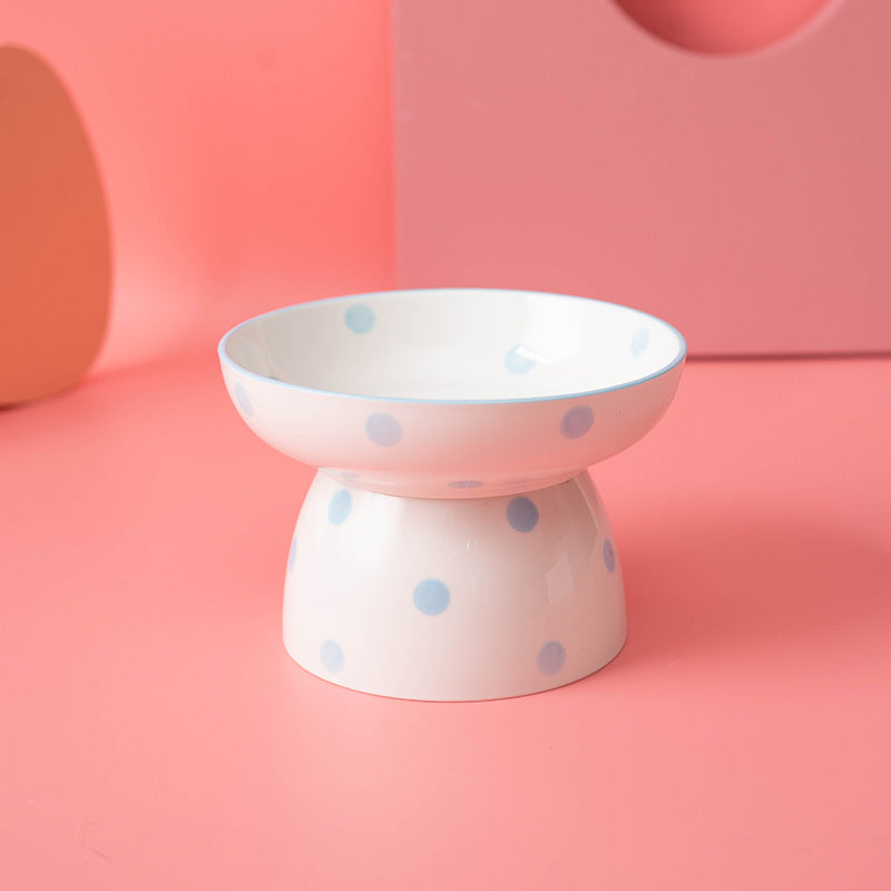 HKM-862483 High-Foot Ceramic Pet Bowl with Spine Protection - Available in Various Dot Colors