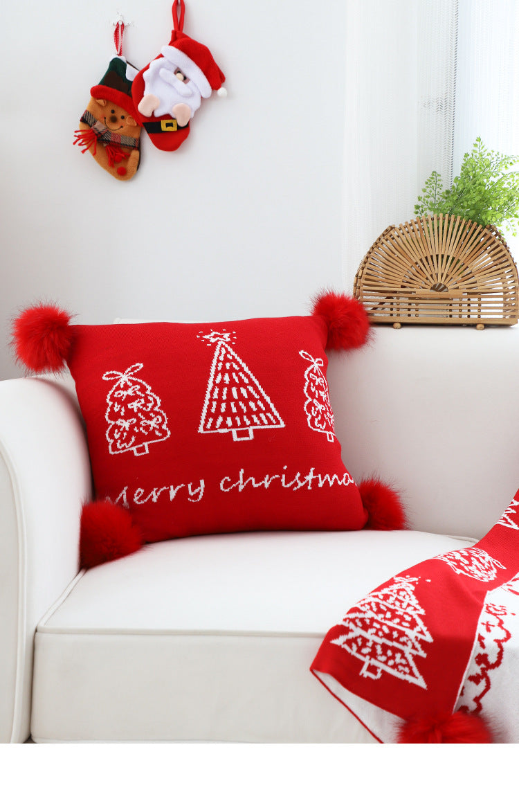 HKM-863123 Nordic Geometric Design Christmas Tree Ball Knit Carpet and Pillow Set - Cozy Acrylic Fiber Home Decor