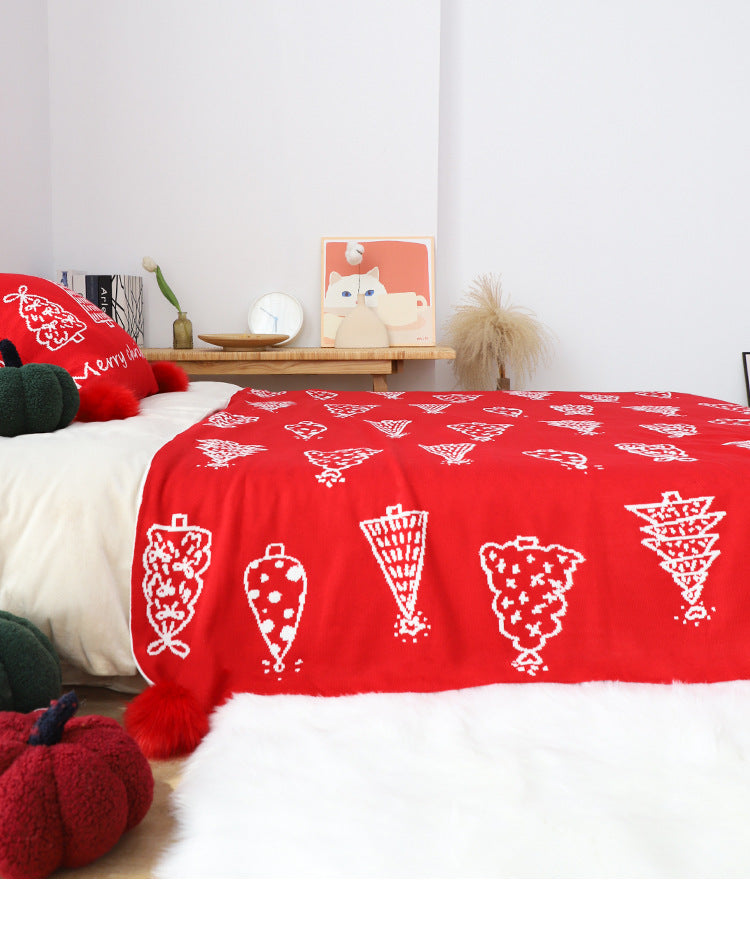 HKM-863123 Nordic Geometric Design Christmas Tree Ball Knit Carpet and Pillow Set - Cozy Acrylic Fiber Home Decor
