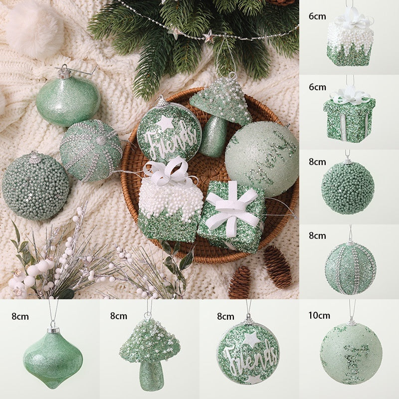 HKM-863251 Dark Green Flocking Christmas Ball Ornaments - Decorative Tree Pendant Set 9 Pack