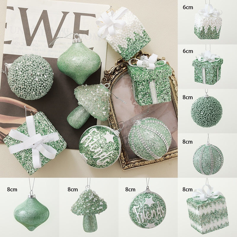 HKM-863251 Dark Green Flocking Christmas Ball Ornaments - Decorative Tree Pendant Set 9 Pack