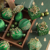 HKM-863251 Dark Green Flocking Christmas Ball Ornaments - Decorative Tree Pendant Set 9 Pack