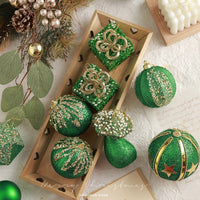 HKM-863251 Dark Green Flocking Christmas Ball Ornaments - Decorative Tree Pendant Set 9 Pack