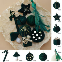 HKM-863251 Dark Green Flocking Christmas Ball Ornaments - Decorative Tree Pendant Set 9 Pack