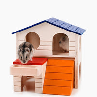 HKM-863763 Double-Storey Colorful Wooden House for Small Pets - 15.5cm Length, 7.5cm Width, 15cm Height