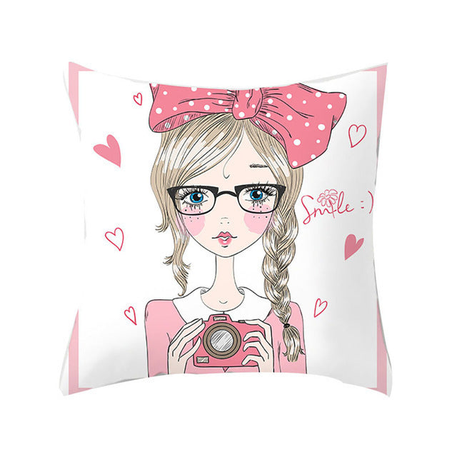 HKM-864339 Cartoon Pretty Girl Pillow Cushion Cover in Peach Skin – 45x45cm, Multiple Colors Available