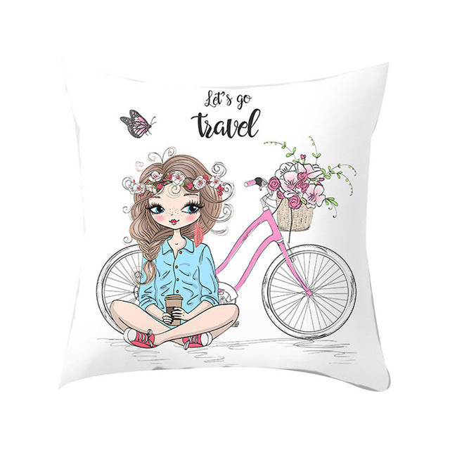 HKM-864339 Cartoon Pretty Girl Pillow Cushion Cover in Peach Skin – 45x45cm, Multiple Colors Available