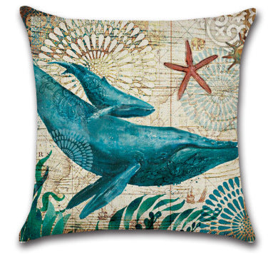 HKM-864403 Blue Wind Sea Life Cartoon Linen Pillowcase, 45x45cm, Ideal for Living Room, Bedroom, and Children's Room