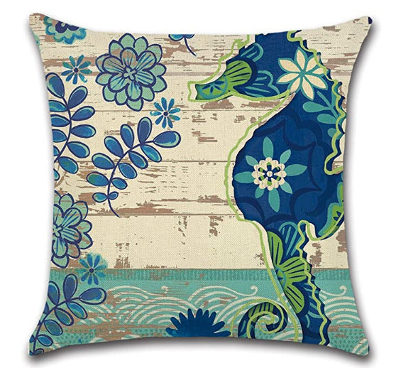 HKM-864403 Blue Wind Sea Life Cartoon Linen Pillowcase, 45x45cm, Ideal for Living Room, Bedroom, and Children's Room