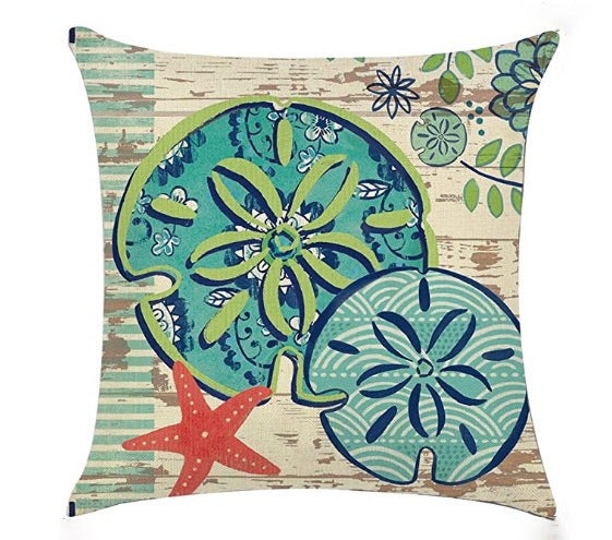 HKM-864403 Blue Wind Sea Life Cartoon Linen Pillowcase, 45x45cm, Ideal for Living Room, Bedroom, and Children's Room