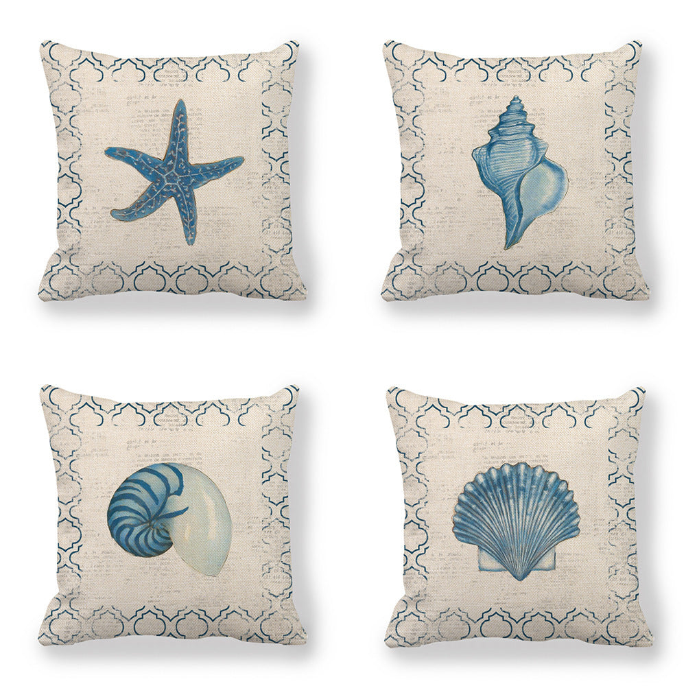HKM-864403 Blue Wind Sea Life Cartoon Linen Pillowcase, 45x45cm, Ideal for Living Room, Bedroom, and Children's Room
