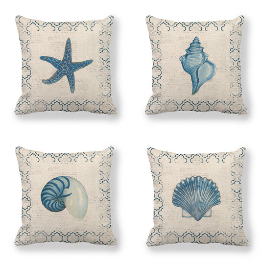 HKM-864403 Blue Wind Sea Life Cartoon Linen Pillowcase, 45x45cm, Ideal for Living Room, Bedroom, and Children's Room