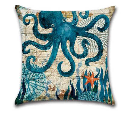 HKM-864403 Blue Wind Sea Life Cartoon Linen Pillowcase, 45x45cm, Ideal for Living Room, Bedroom, and Children's Room
