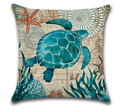 HKM-864403 Blue Wind Sea Life Cartoon Linen Pillowcase, 45x45cm, Ideal for Living Room, Bedroom, and Children's Room