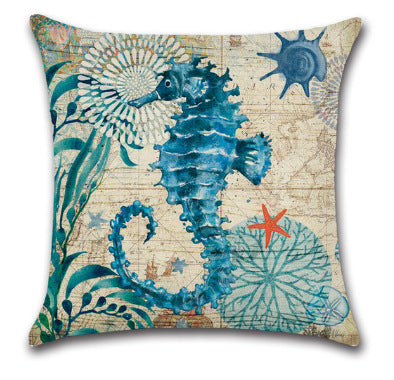 HKM-864403 Blue Wind Sea Life Cartoon Linen Pillowcase, 45x45cm, Ideal for Living Room, Bedroom, and Children's Room