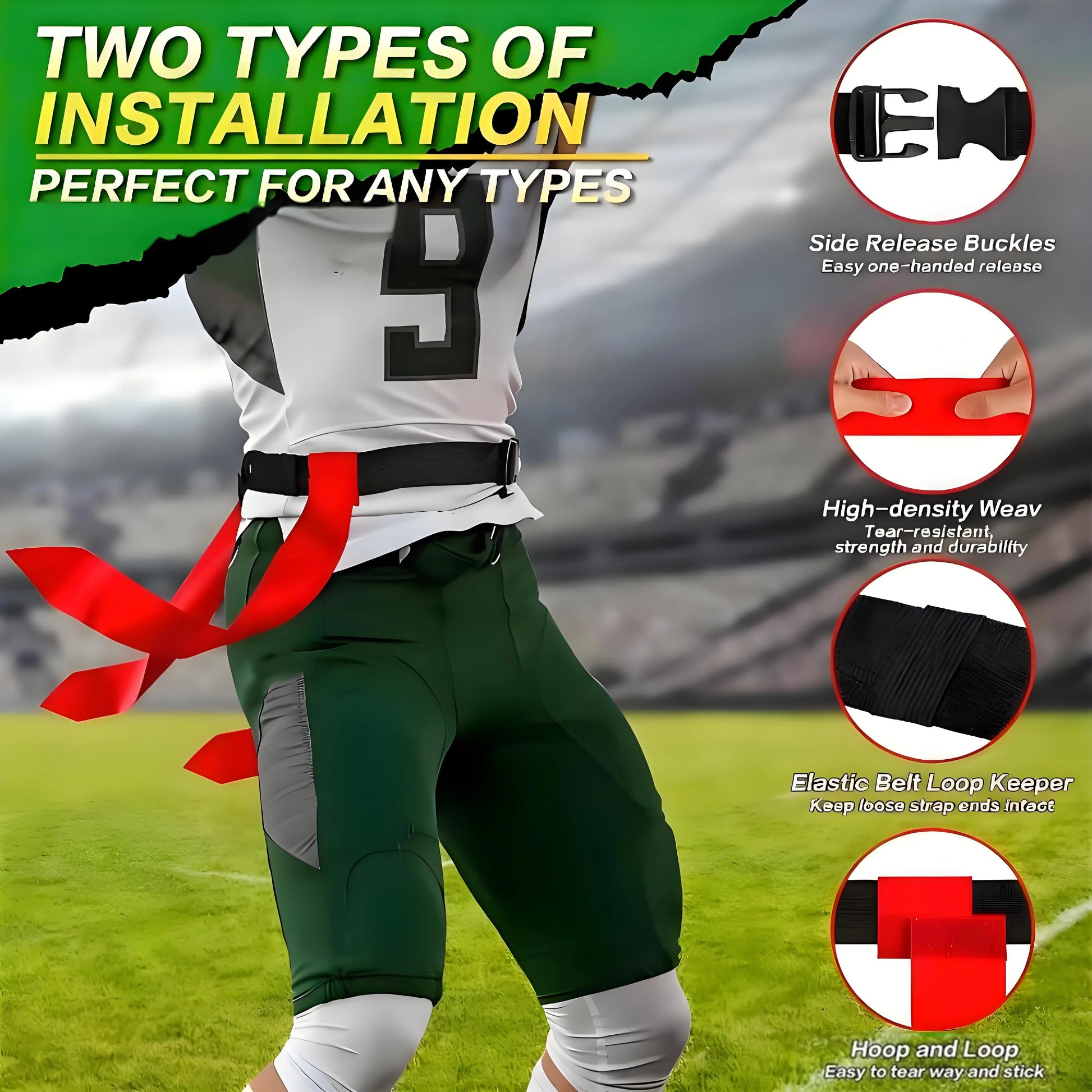 HKM-864531 Adjustable Detachable Flag Football Belts with Air Buckle and Colorful Ribbons for Training