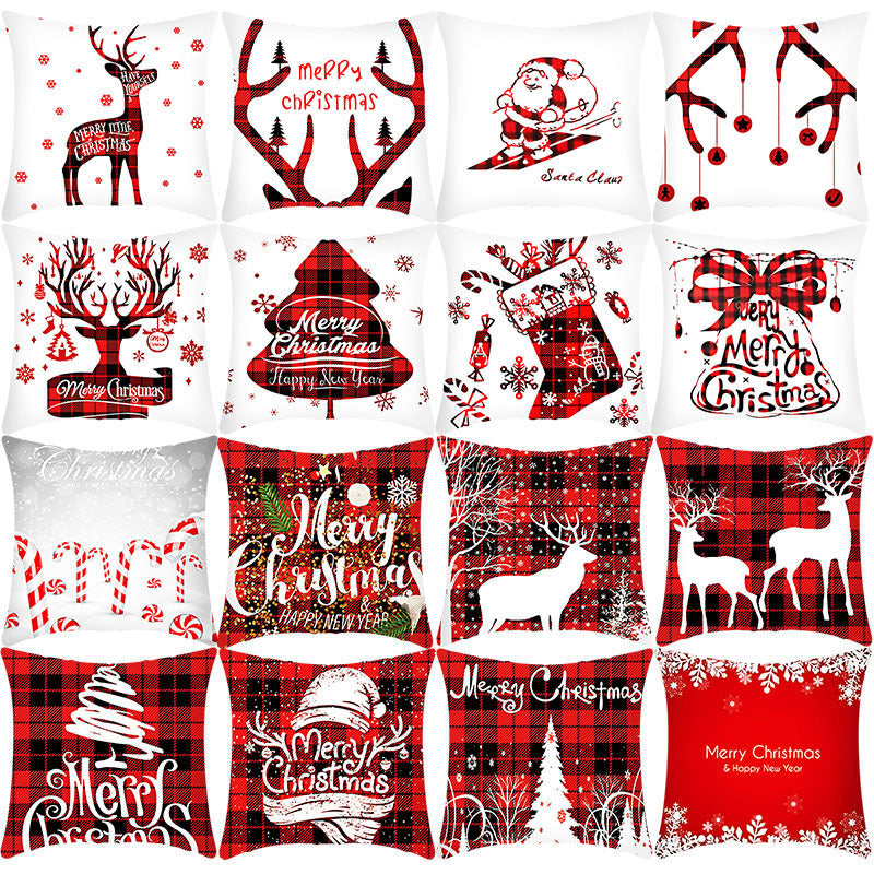 HKM-864659 Christmas Elk and Santa Claus Short Plush Cushion Cover - 45cm Decorative Pillowcase for Home Decor